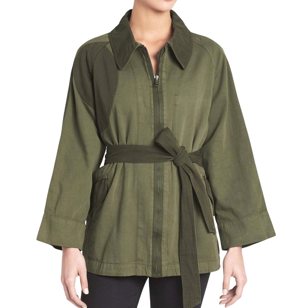 Current Elliott Green Patchwork Utility Field Jacket Linen Chore Coat‎ Belted